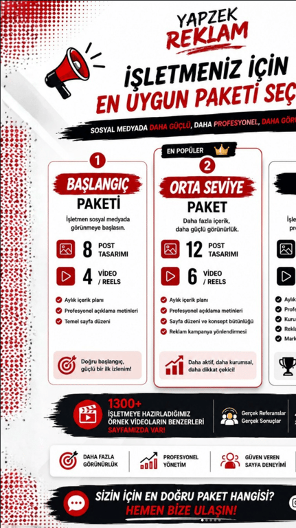 İşletmeniz için sosyal medyada daha güçlü, daha profesyonel ve daha dikkat çekici bir görünüm zamanı! 🚀  YAPZEK Reklam olarak markanıza özel post tasarımları, reels videoları, açıklama metinleri, içe